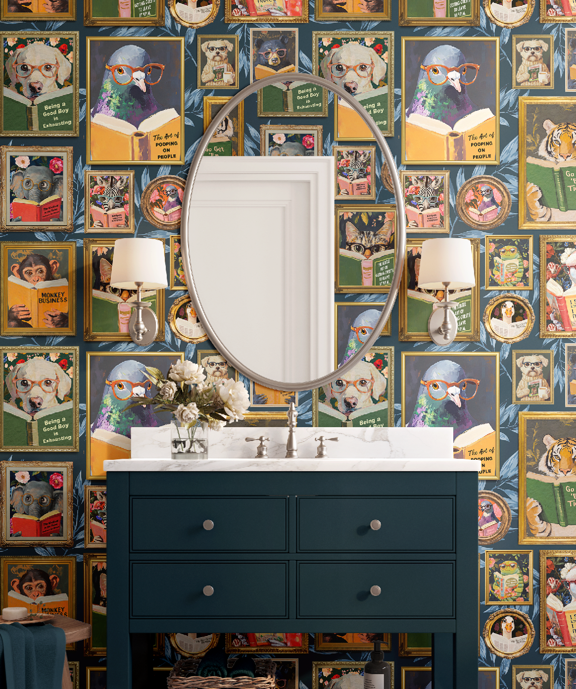 Whimsical Animals Reading Wallpaper - Version 2 - Navy Blue Tropical Leaves