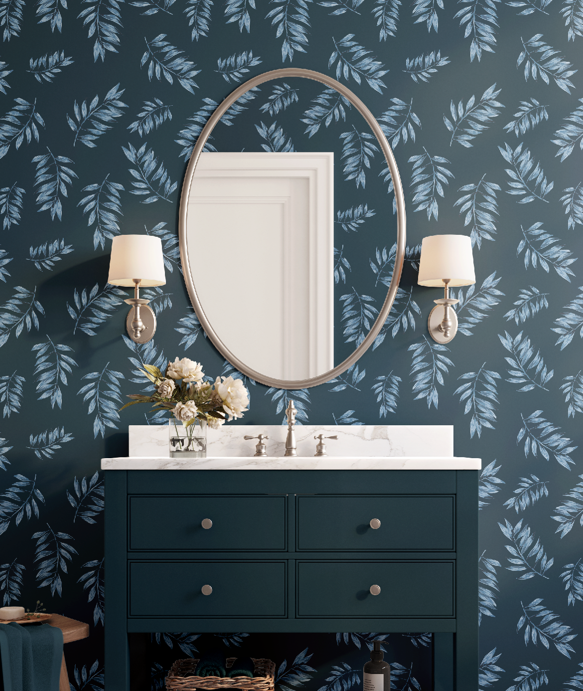 Blue Tropical Leaves for Whimsical Animals Reading Wallpaper