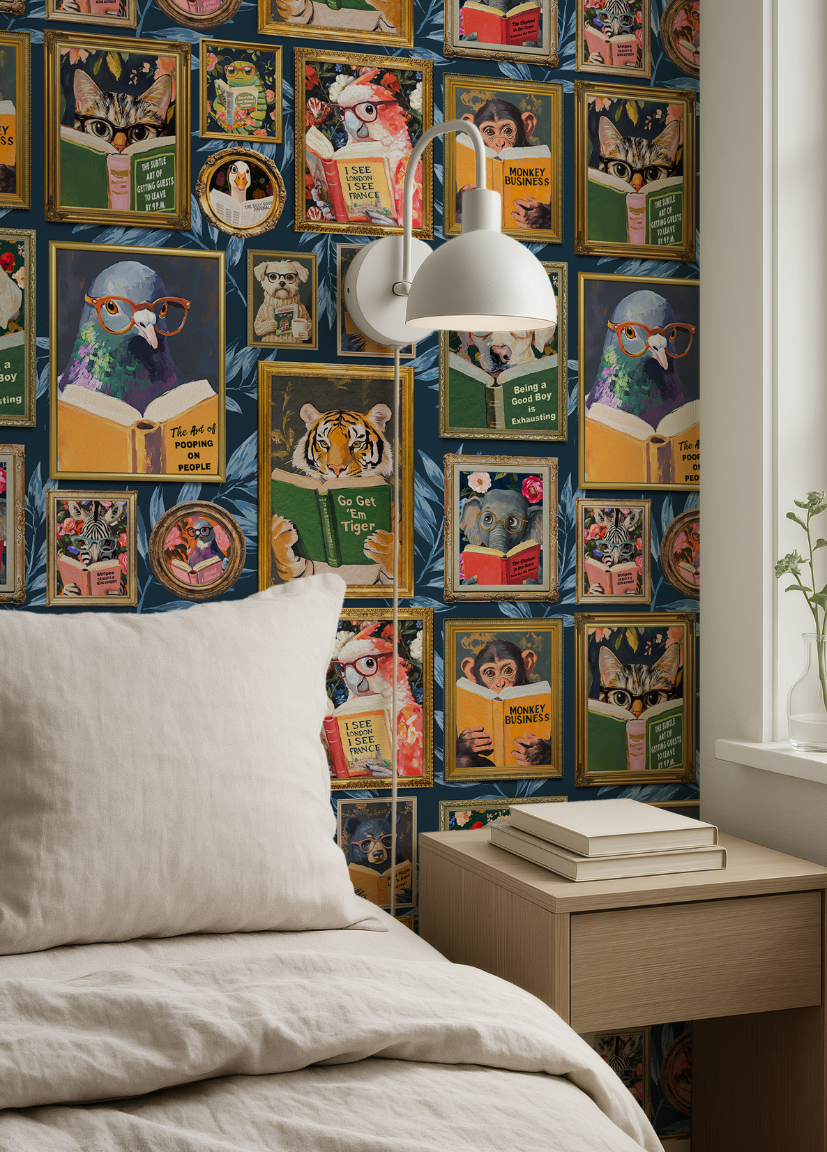 Whimsical Animals Reading Wallpaper - Version 2 - Navy Blue Tropical Leaves