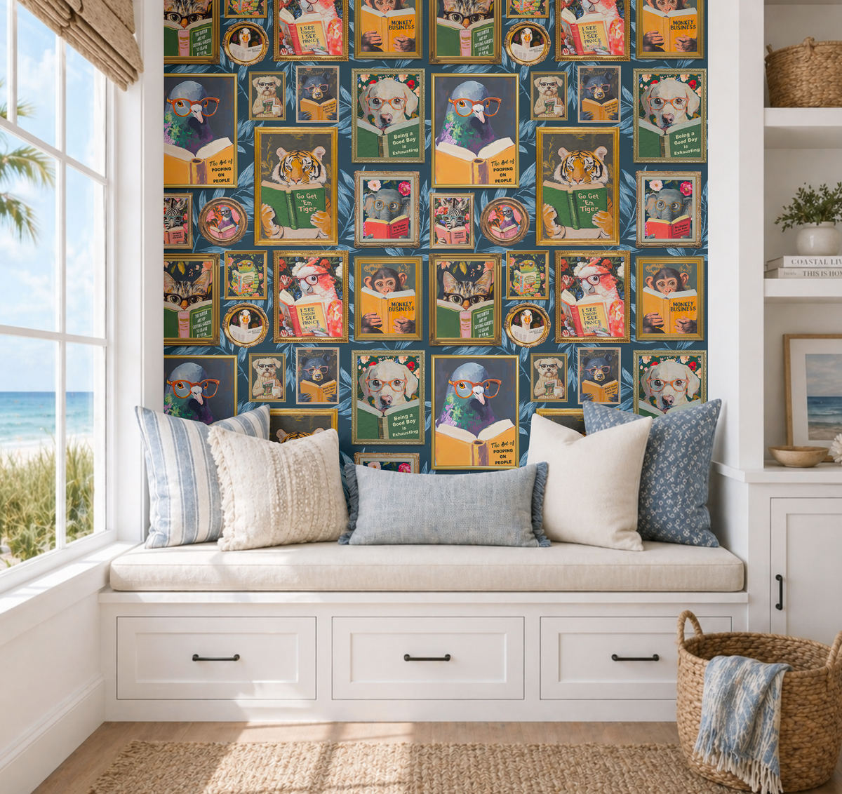 Whimsical Animals Reading Wallpaper - Version 2 - Navy Blue Tropical Leaves
