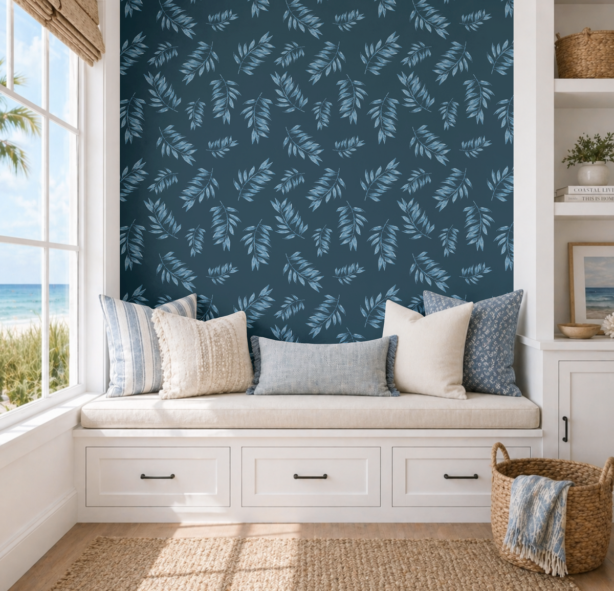 Blue Tropical Leaves for Whimsical Animals Reading Wallpaper
