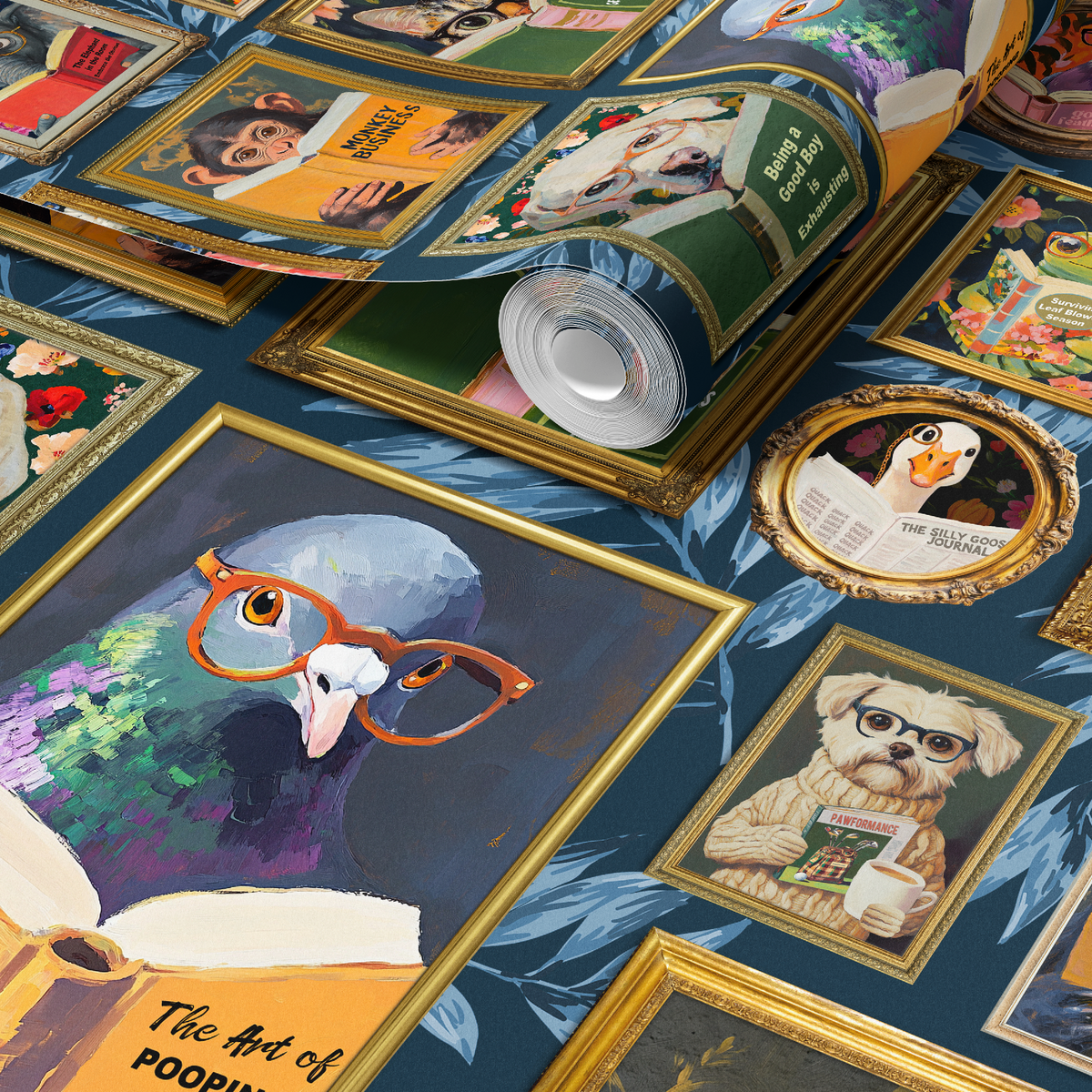 Whimsical Animals Reading Wallpaper - Version 2 - Navy Blue Tropical Leaves