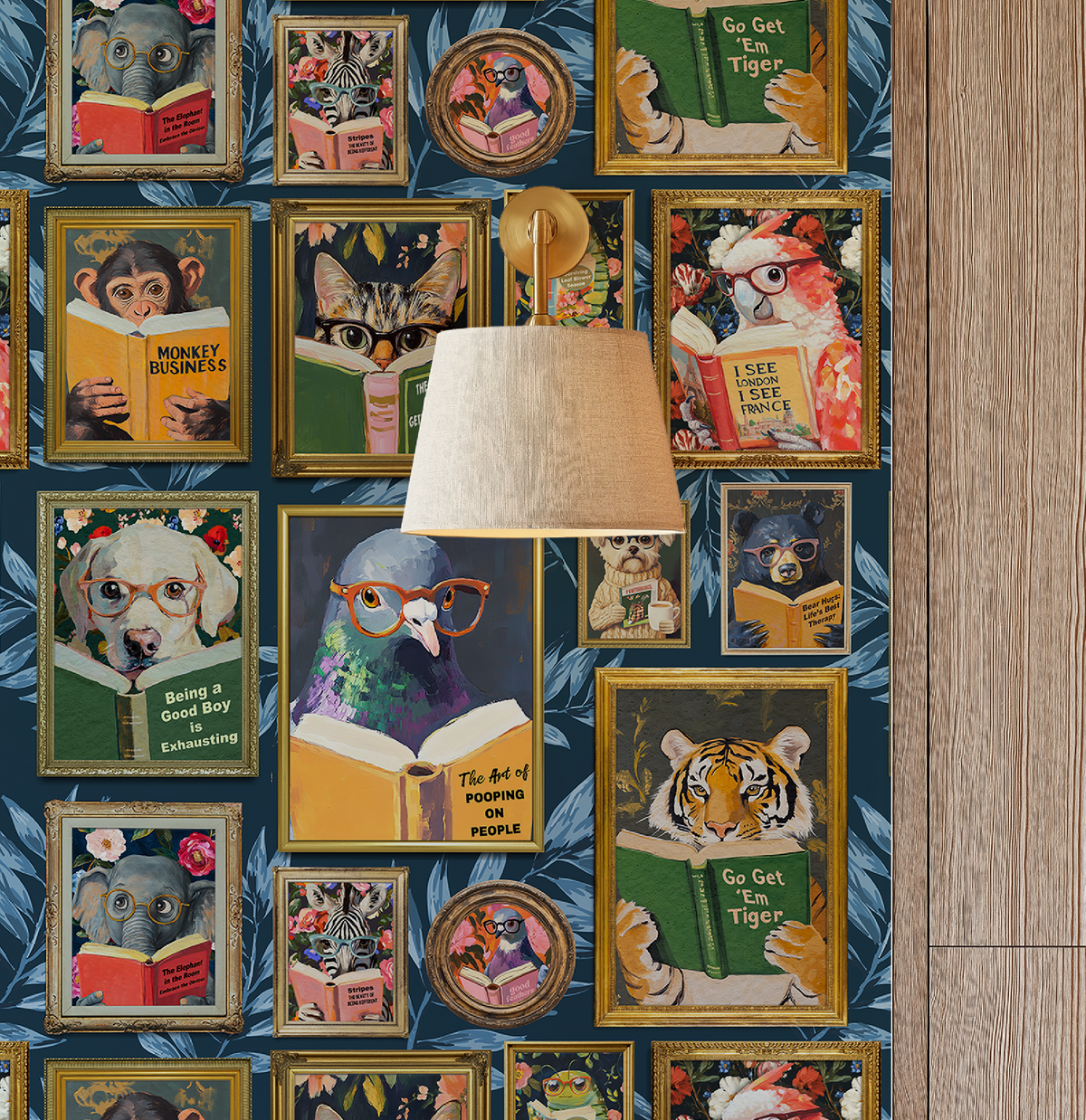 Whimsical Animals Reading Wallpaper - Version 2 - Navy Blue Tropical Leaves