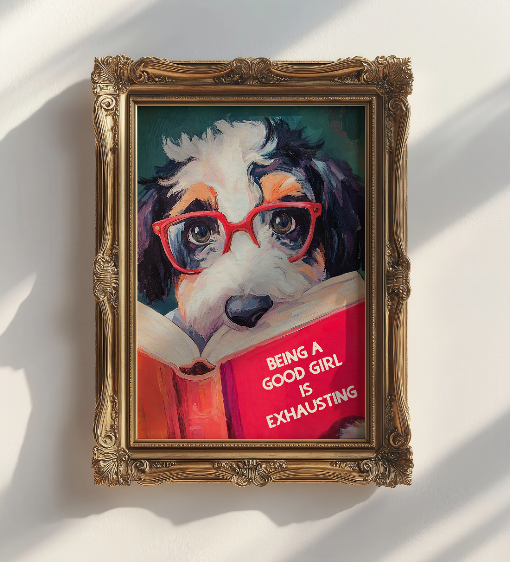 Being a Good Girl is Exhausting - Whimsical GIRL Bernedoodle Dog Reading Book Art Print - Funny Pet Wall Decor - Humorous Gift for Animal Lovers