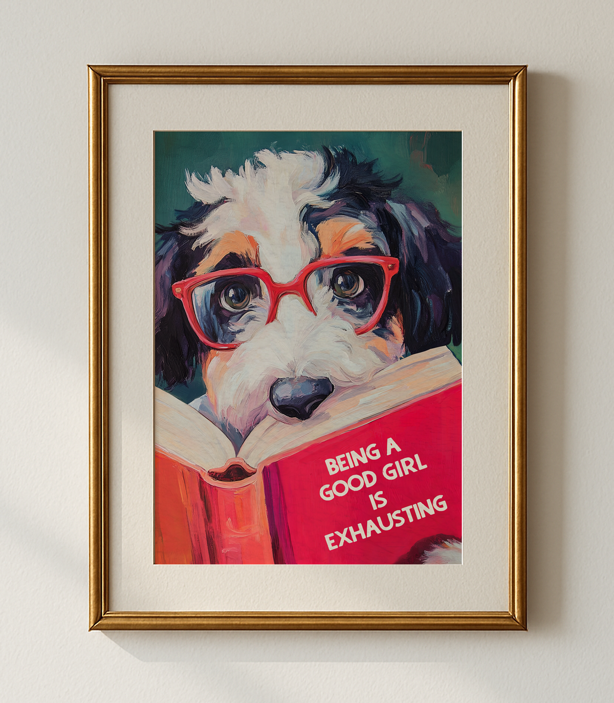 Being a Good Girl is Exhausting - Whimsical GIRL Bernedoodle Dog Reading Book Art Print - Funny Pet Wall Decor - Humorous Gift for Animal Lovers