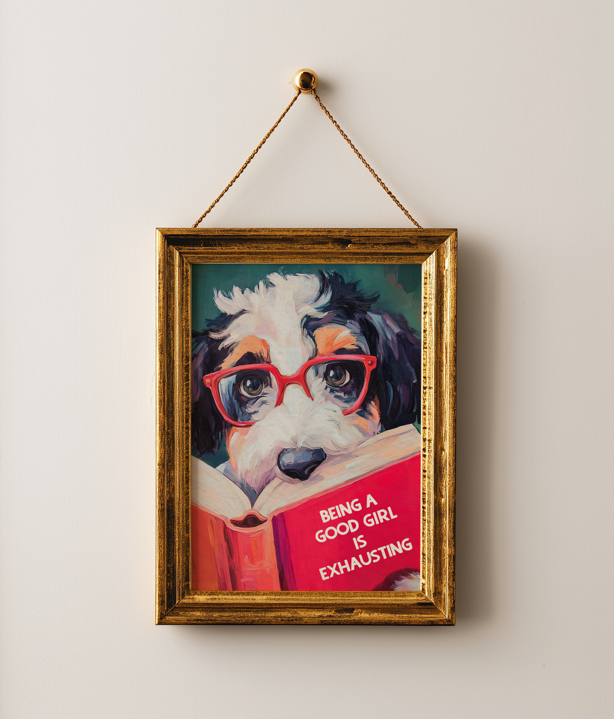 Being a Good Girl is Exhausting - Whimsical GIRL Bernedoodle Dog Reading Book Art Print - Funny Pet Wall Decor - Humorous Gift for Animal Lovers