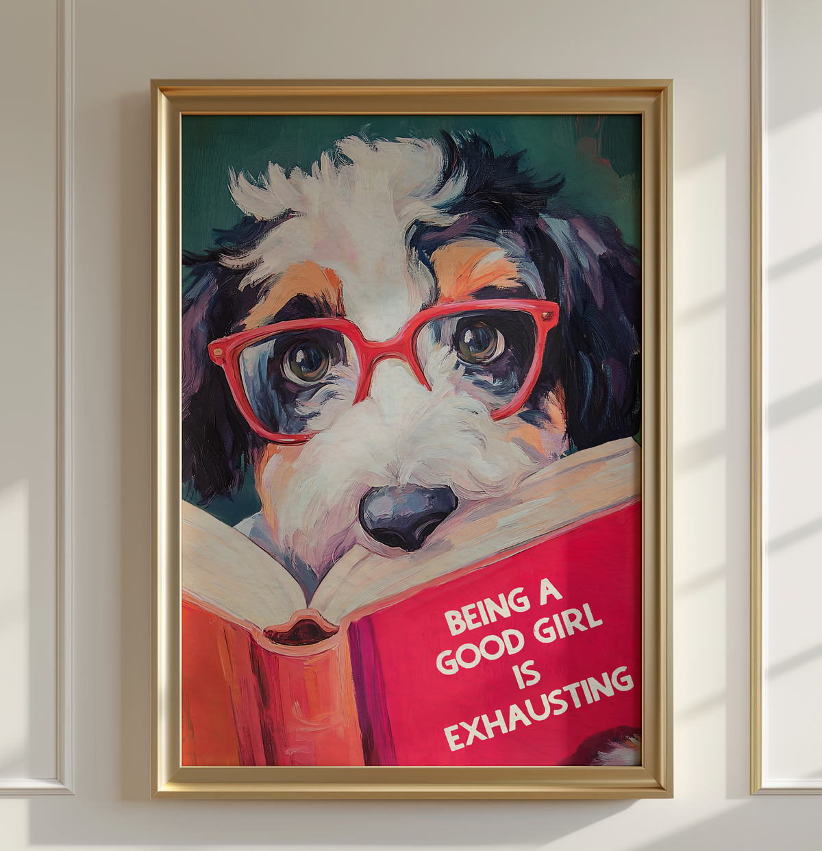 Being a Good Girl is Exhausting - Whimsical GIRL Bernedoodle Dog Reading Book Art Print - Funny Pet Wall Decor - Humorous Gift for Animal Lovers