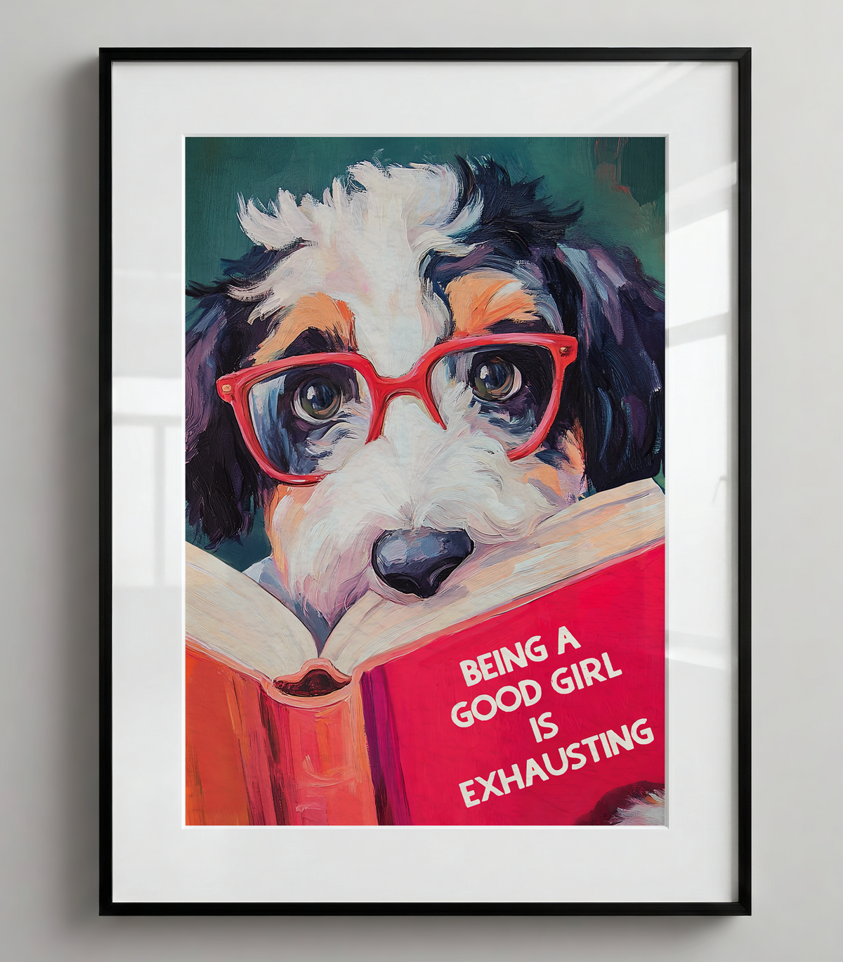 Being a Good Girl is Exhausting - Whimsical GIRL Bernedoodle Dog Reading Book Art Print - Funny Pet Wall Decor - Humorous Gift for Animal Lovers