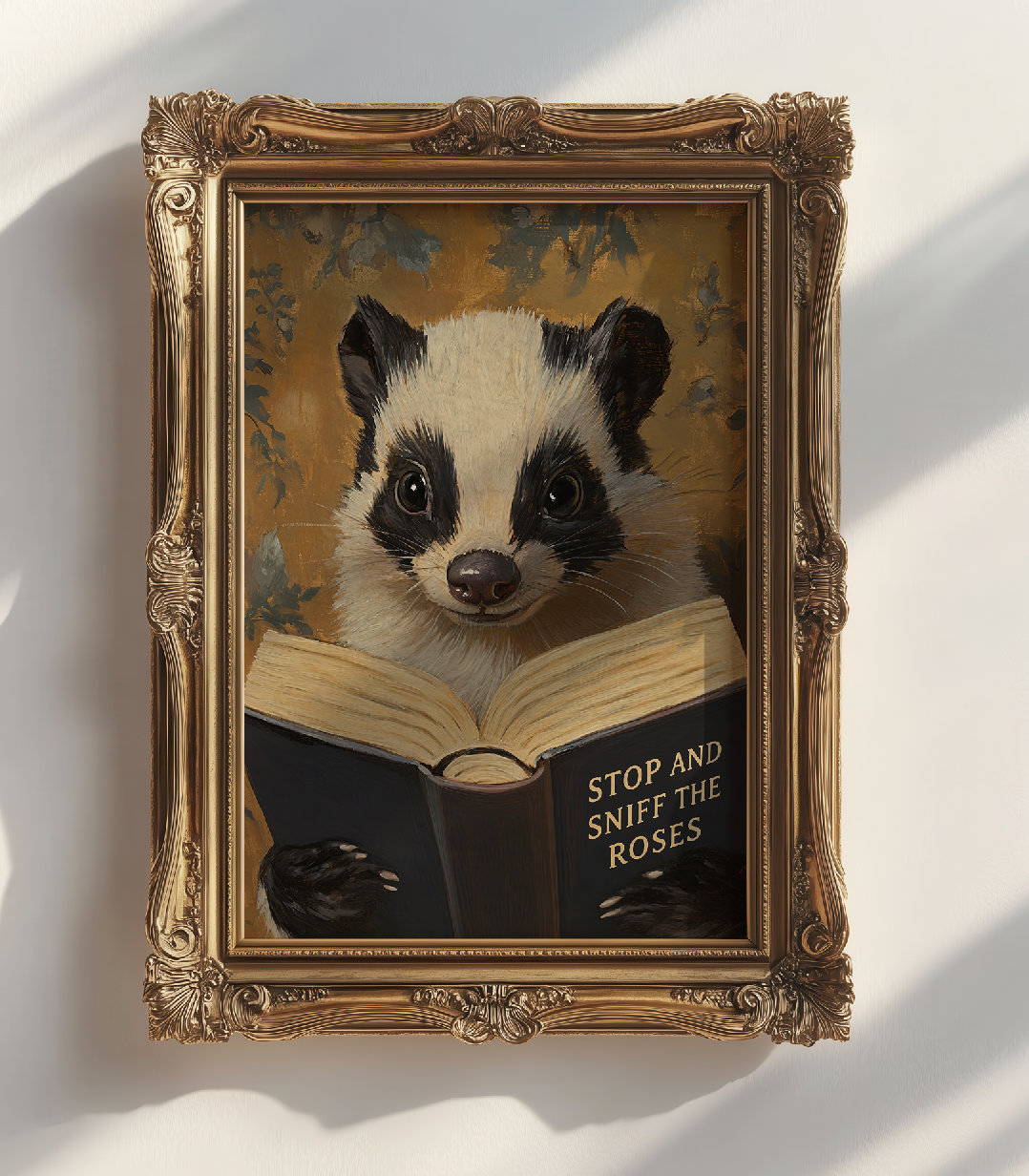 Funny Skunk Art Print, Stop and Sniff the Roses, Animal Reading Book Wall Art, Bathroom Decor, Book Lover Gift, Whimsical Library Poster
