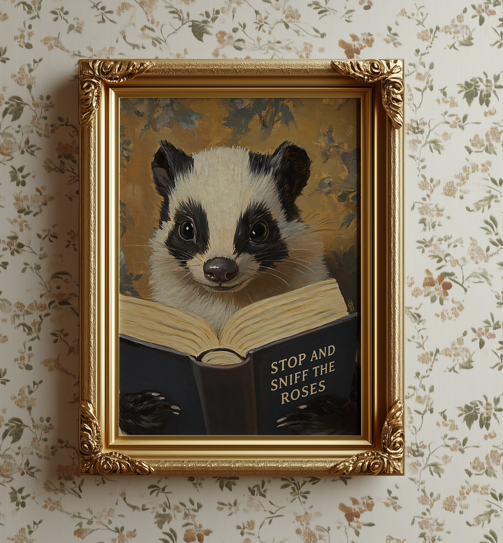 Funny Skunk Art Print, Stop and Sniff the Roses, Animal Reading Book Wall Art, Bathroom Decor, Book Lover Gift, Whimsical Library Poster