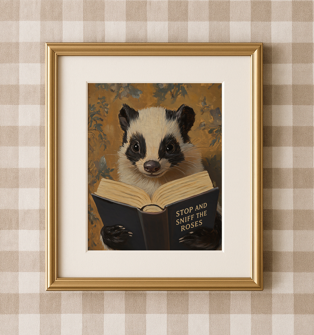 Funny Skunk Art Print, Stop and Sniff the Roses, Animal Reading Book Wall Art, Bathroom Decor, Book Lover Gift, Whimsical Library Poster