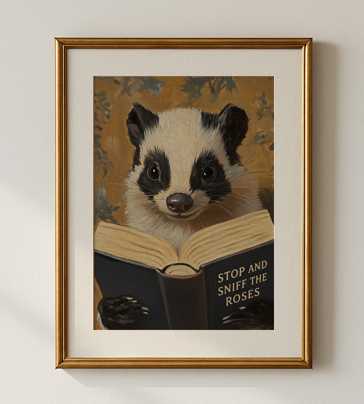 Funny Skunk Art Print, Stop and Sniff the Roses, Animal Reading Book Wall Art, Bathroom Decor, Book Lover Gift, Whimsical Library Poster