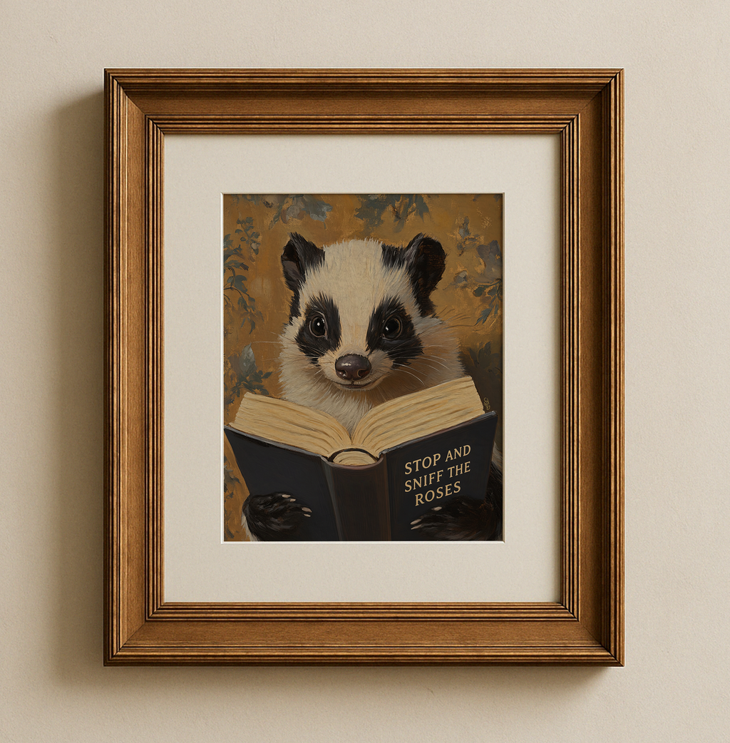 Funny Skunk Art Print, Stop and Sniff the Roses, Animal Reading Book Wall Art, Bathroom Decor, Book Lover Gift, Whimsical Library Poster