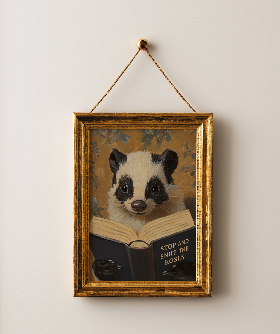 Funny Skunk Art Print, Stop and Sniff the Roses, Animal Reading Book Wall Art, Bathroom Decor, Book Lover Gift, Whimsical Library Poster