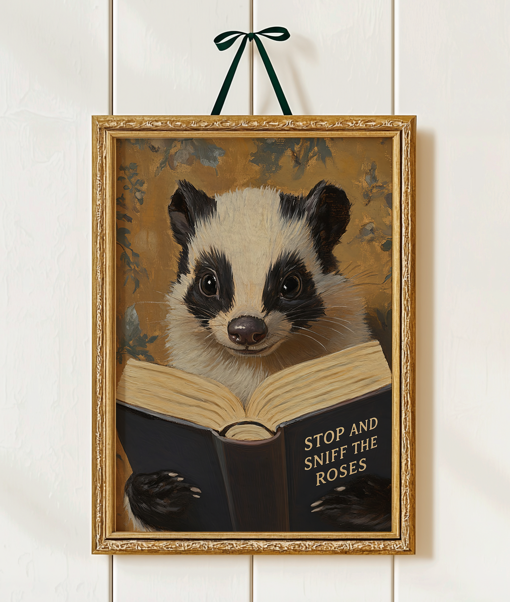 Funny Skunk Art Print, Stop and Sniff the Roses, Animal Reading Book Wall Art, Bathroom Decor, Book Lover Gift, Whimsical Library Poster