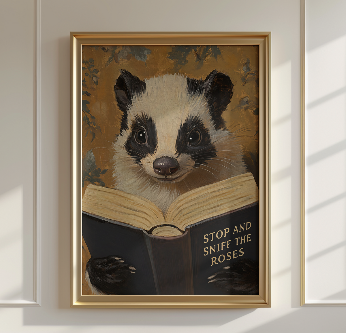 Funny Skunk Art Print, Stop and Sniff the Roses, Animal Reading Book Wall Art, Bathroom Decor, Book Lover Gift, Whimsical Library Poster