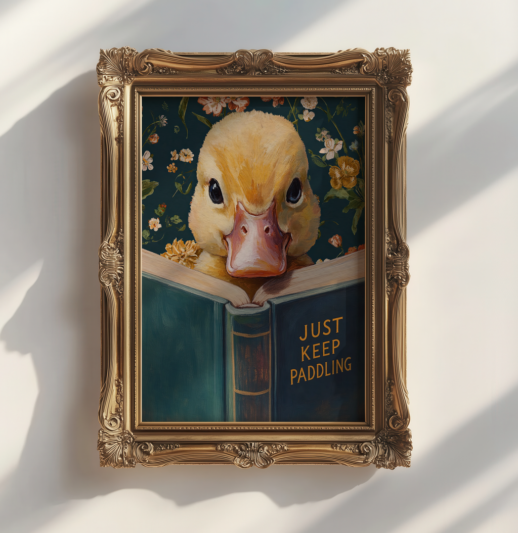 Duck Art Print, Just Keep Paddling Motivational Wall Art, Animal Reading Book, Funny Office Decor, Encouragement Gift, Vintage Duckling