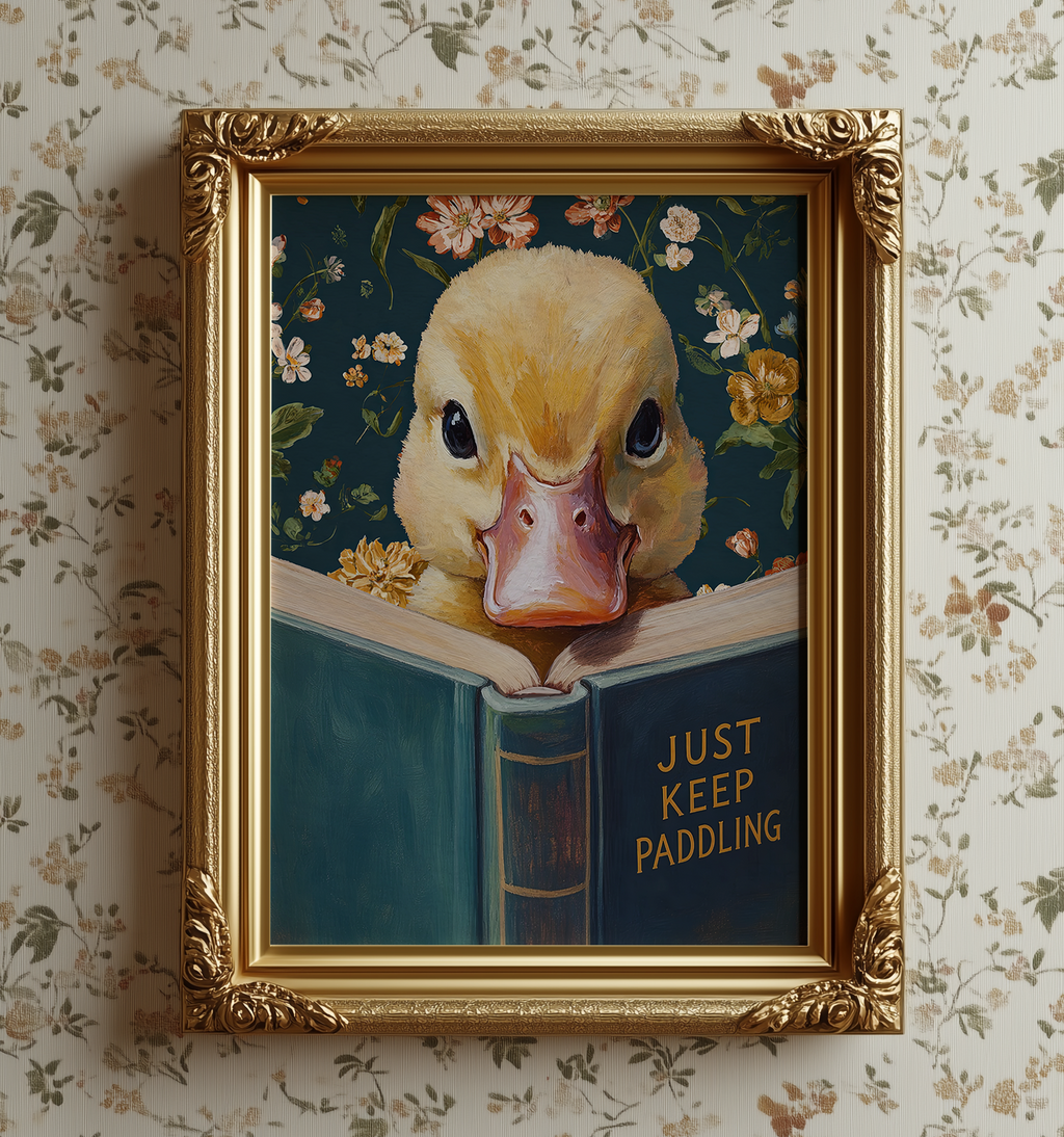Duck Art Print, Just Keep Paddling Motivational Wall Art, Animal Reading Book, Funny Office Decor, Encouragement Gift, Vintage Duckling