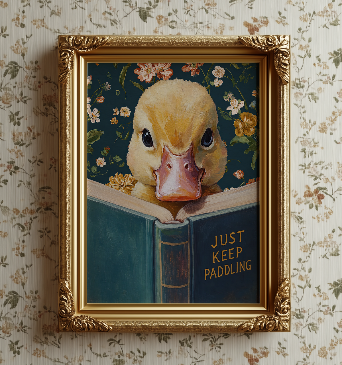 Duck Art Print, Just Keep Paddling Motivational Wall Art, Animal Reading Book, Funny Office Decor, Encouragement Gift, Vintage Duckling