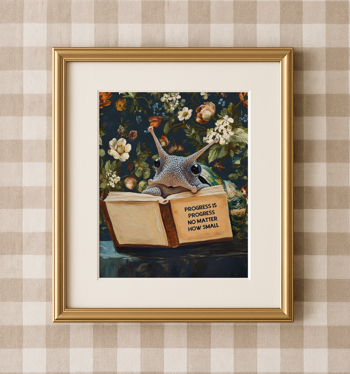 Snail Art Print, Progress Is Progress No Matter How Small, Motivational Animal Reading Book Wall Art, Encouragement Gift, Office Decor