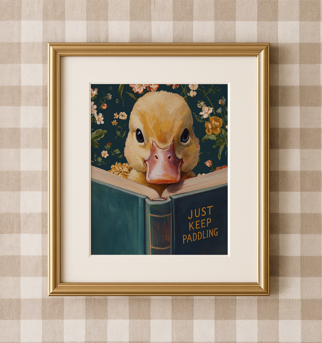Duck Art Print, Just Keep Paddling Motivational Wall Art, Animal Reading Book, Funny Office Decor, Encouragement Gift, Vintage Duckling