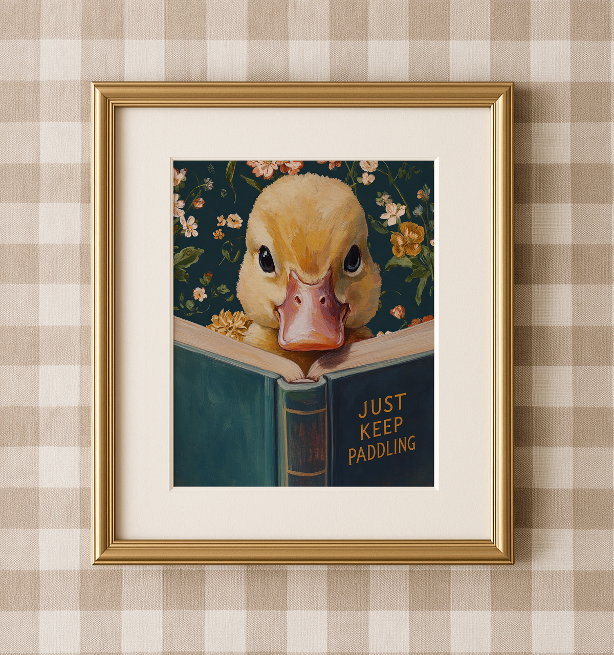 Duck Art Print, Just Keep Paddling Motivational Wall Art, Animal Reading Book, Funny Office Decor, Encouragement Gift, Vintage Duckling