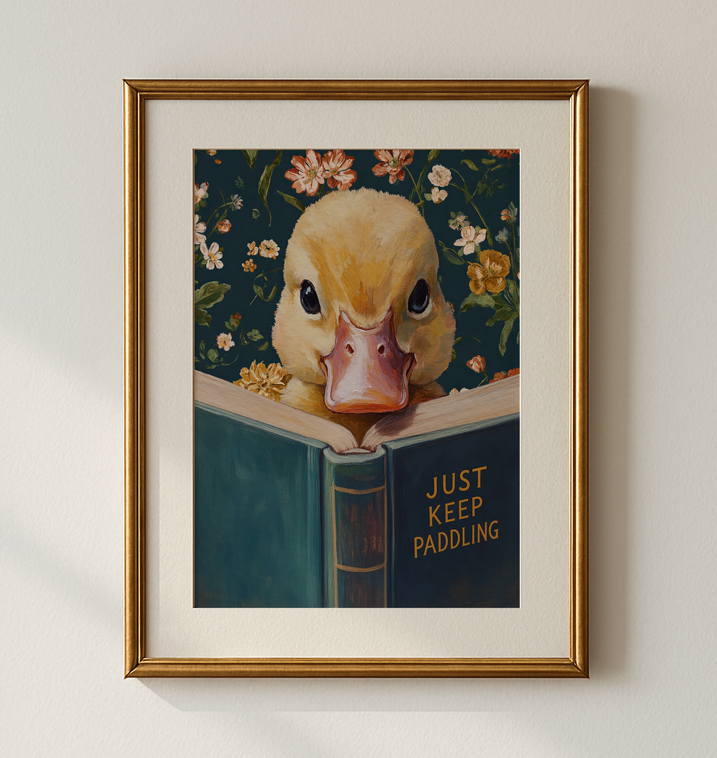 Duck Art Print, Just Keep Paddling Motivational Wall Art, Animal Reading Book, Funny Office Decor, Encouragement Gift, Vintage Duckling