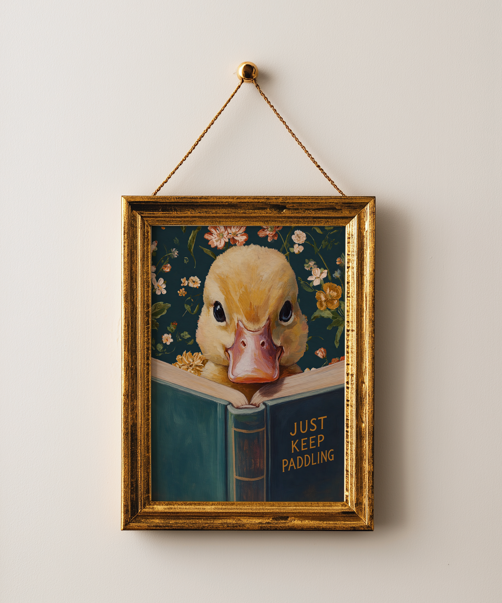Duck Art Print, Just Keep Paddling Motivational Wall Art, Animal Reading Book, Funny Office Decor, Encouragement Gift, Vintage Duckling