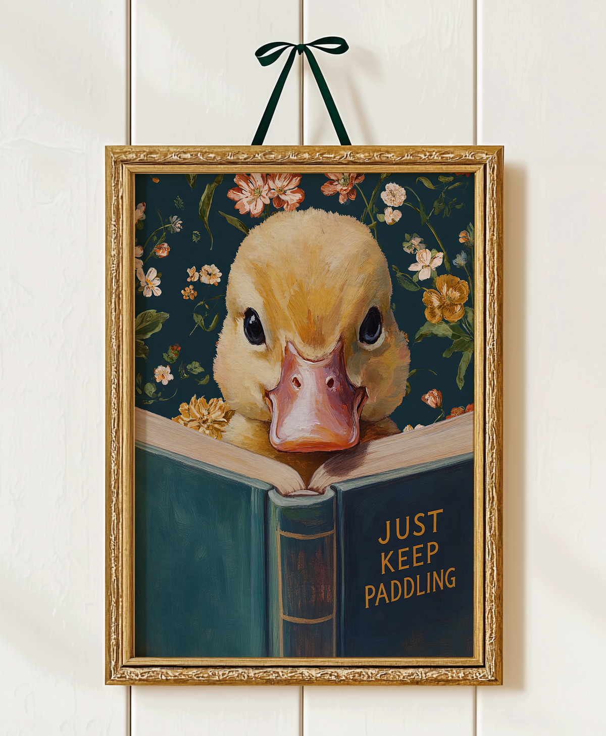 Duck Art Print, Just Keep Paddling Motivational Wall Art, Animal Reading Book, Funny Office Decor, Encouragement Gift, Vintage Duckling