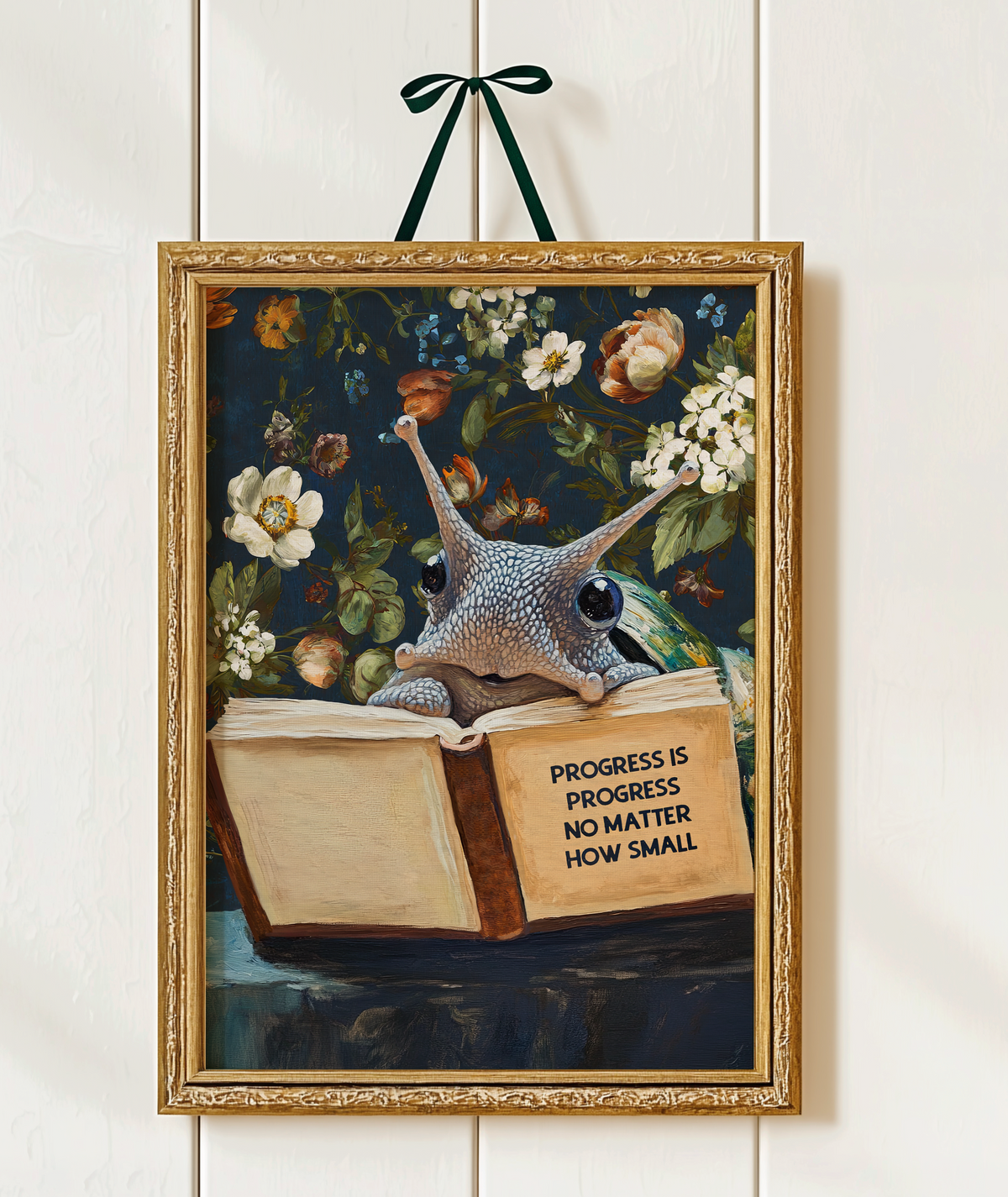 Snail Art Print, Progress Is Progress No Matter How Small, Motivational Animal Reading Book Wall Art, Encouragement Gift, Office Decor