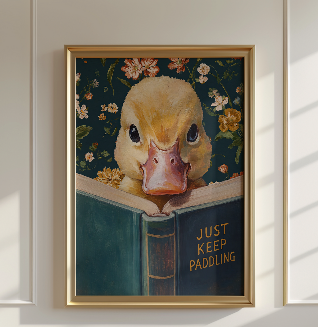Duck Art Print, Just Keep Paddling Motivational Wall Art, Animal Reading Book, Funny Office Decor, Encouragement Gift, Vintage Duckling