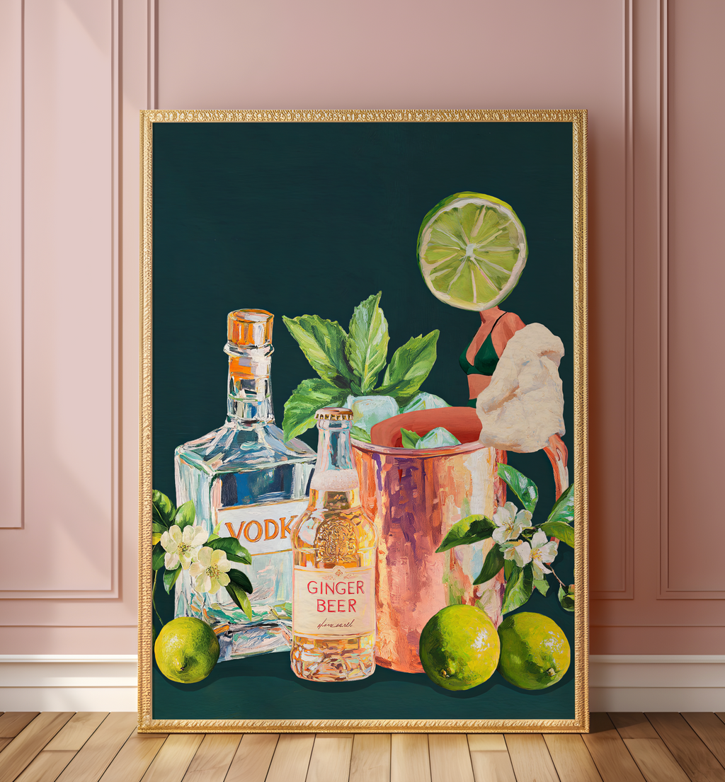 Moscow Mule Girl Retro Cocktail Wall Art – Vintage Cocktail Print, Retro Bar Decor, Fun Drink Art, Moscow Mule Poster, Girls Night Art