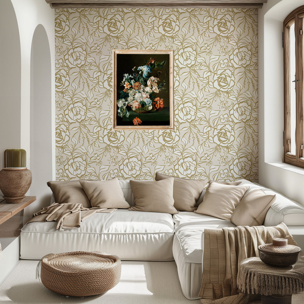 Floral Ink Wallpaper in Ivory and Gold