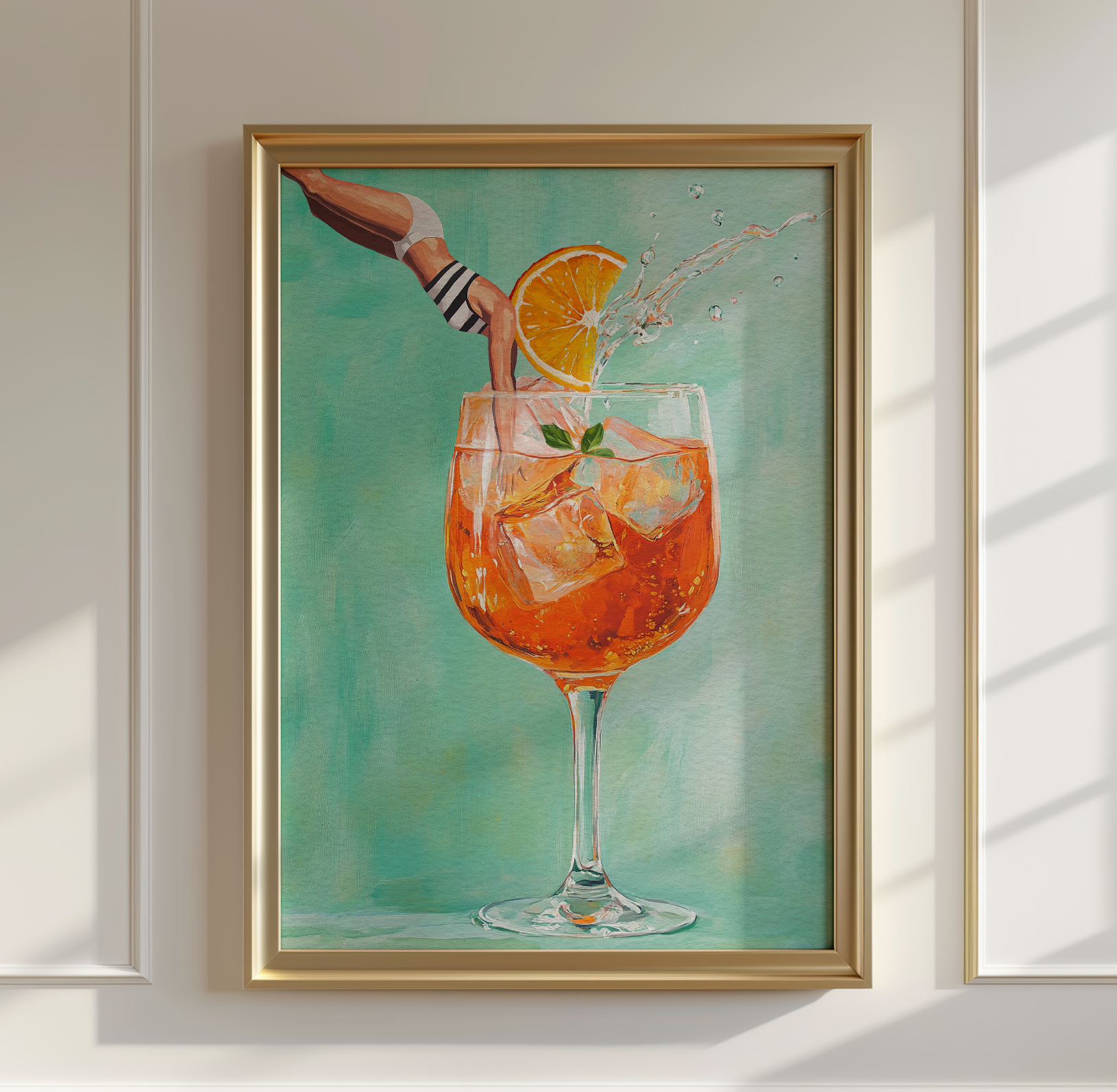 Vibrant Aperol Spritz Retro Art Print: Bar Decor Cocktail Poster with Jumping Girl
