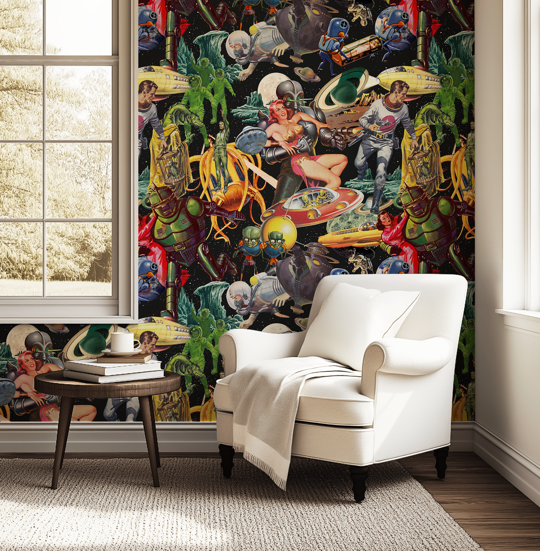 Vintage Space-Themed Mid-Century Wallpaper