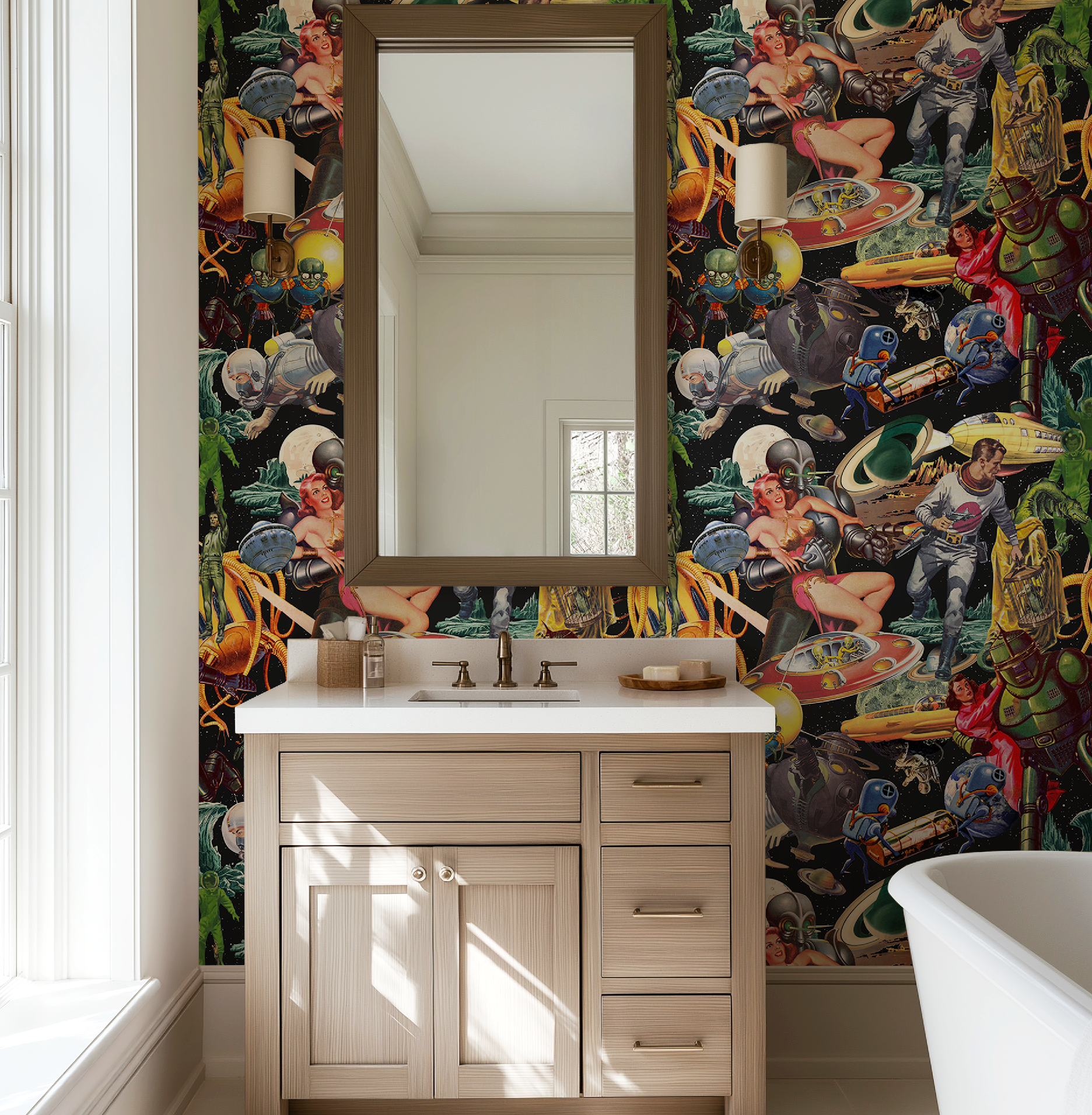 Vintage Space-Themed Mid-Century Wallpaper