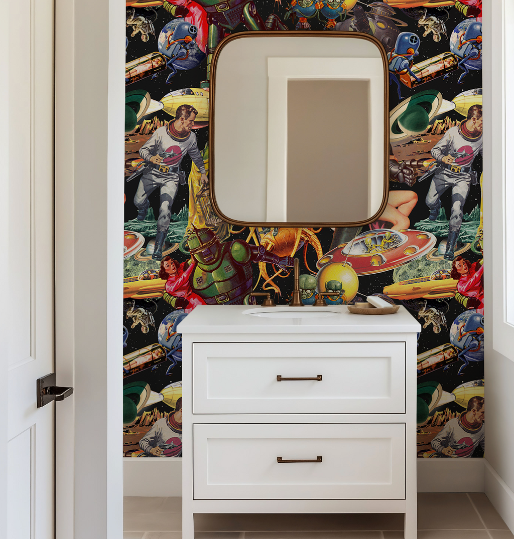 Vintage Space-Themed Mid-Century Wallpaper