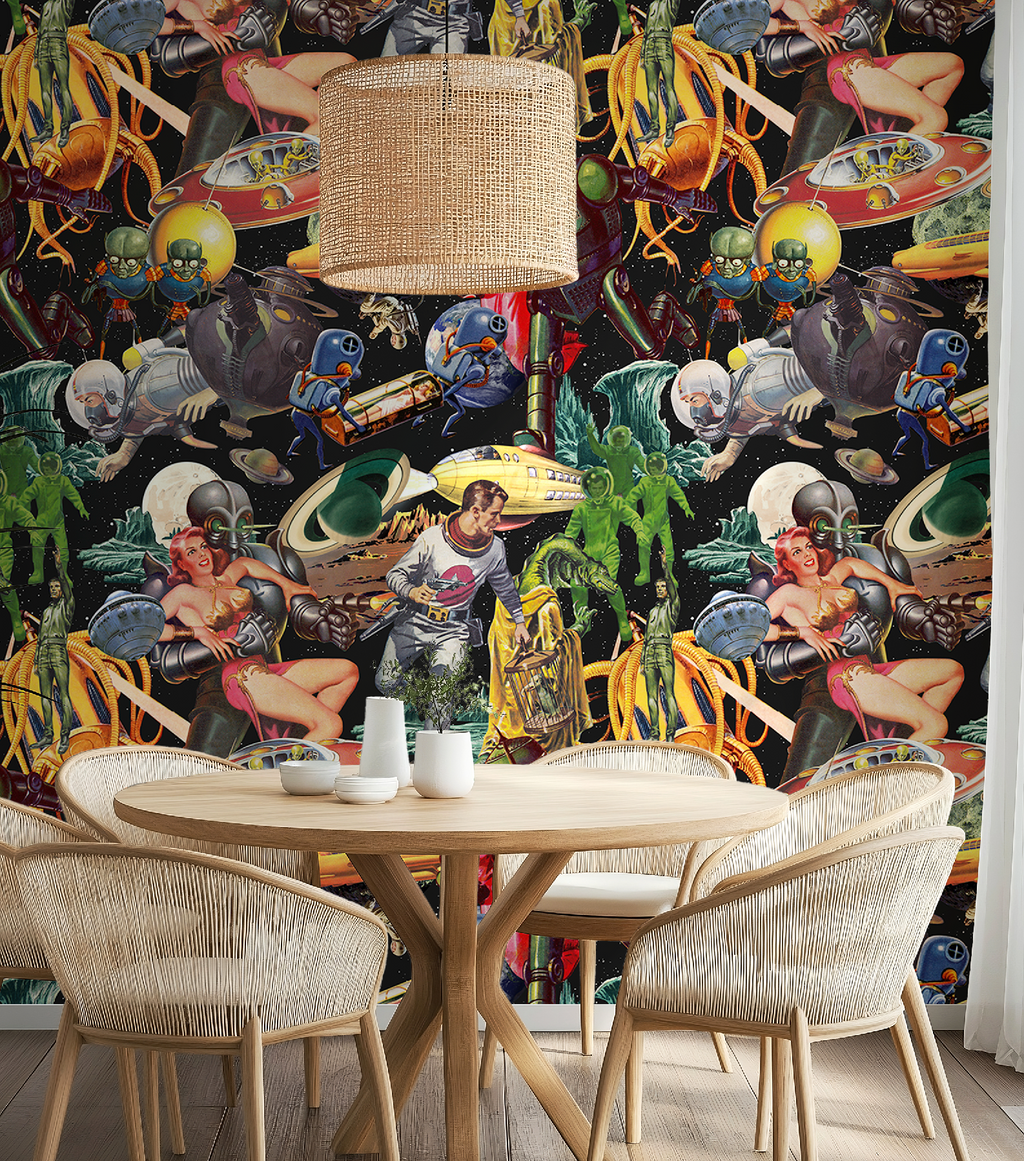 Vintage Space-Themed Mid-Century Wallpaper