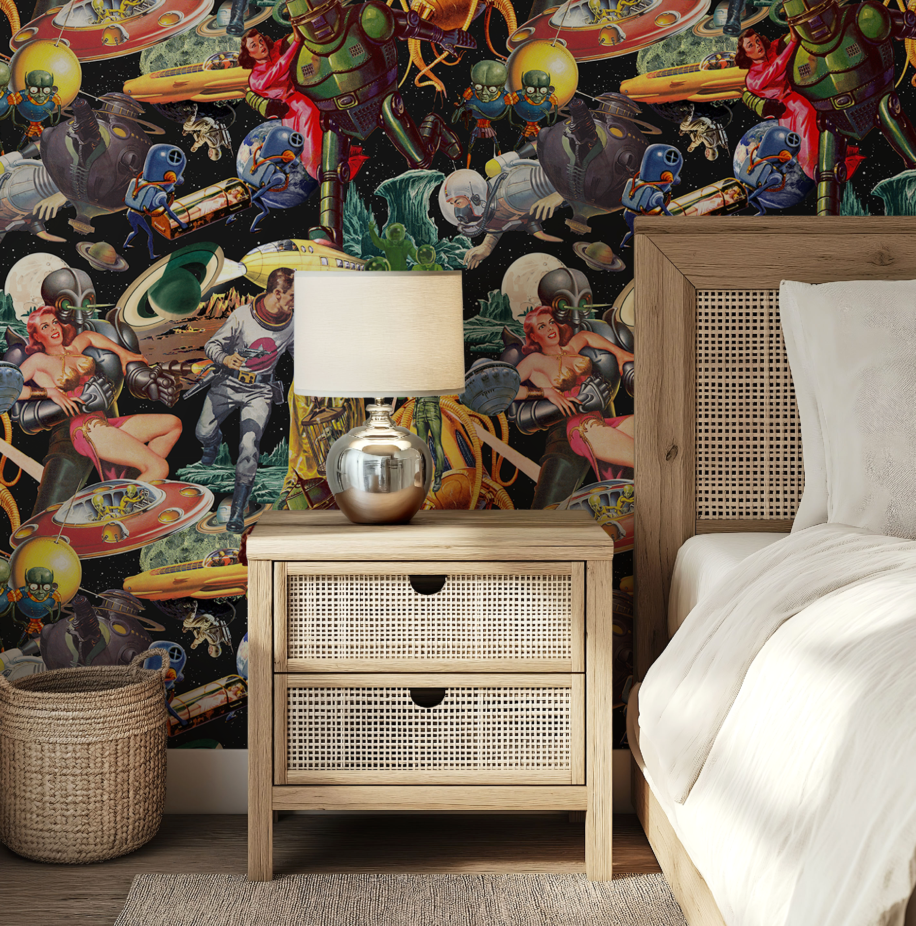 Vintage Space-Themed Mid-Century Wallpaper