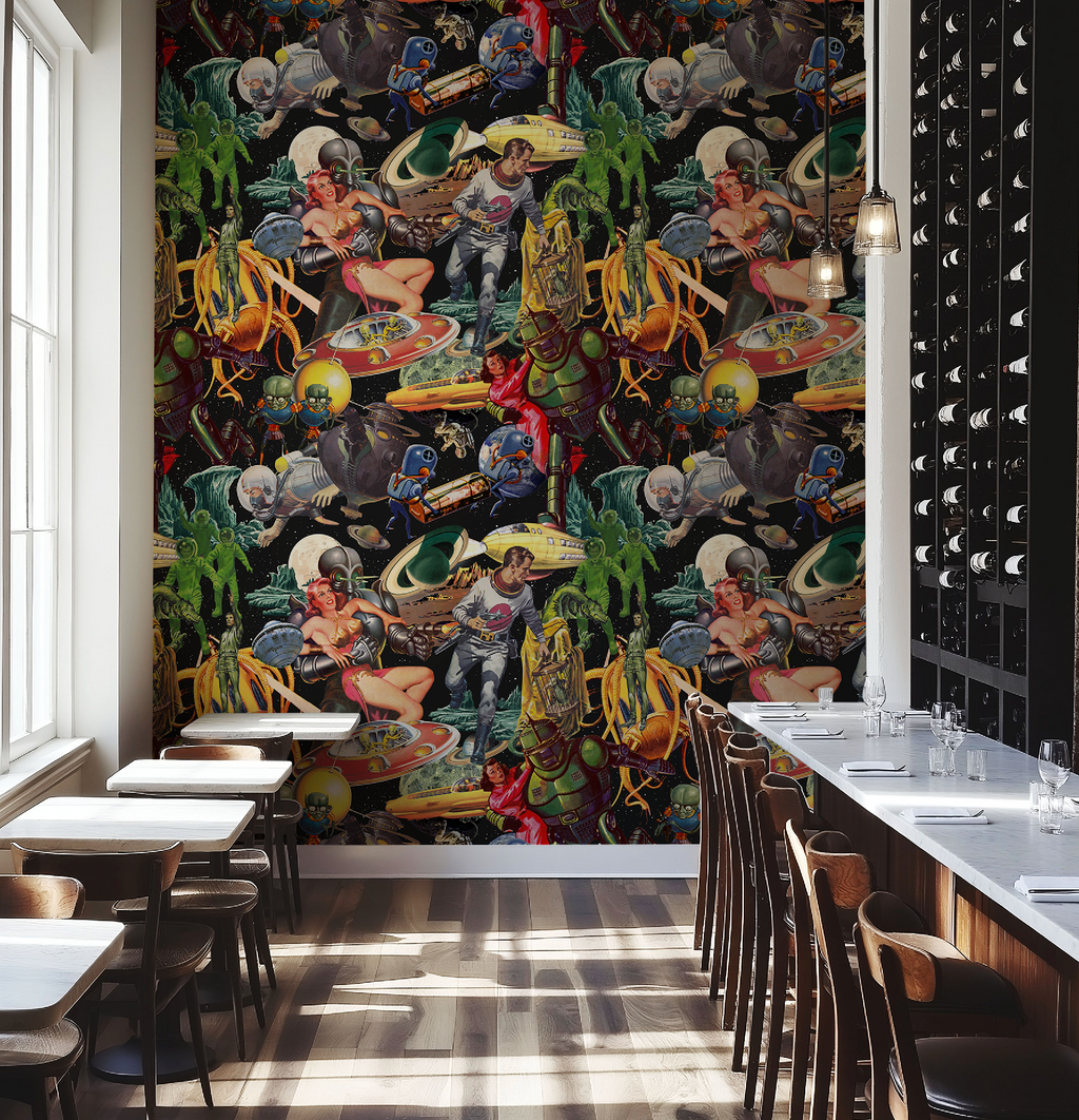 Vintage Space-Themed Mid-Century Wallpaper