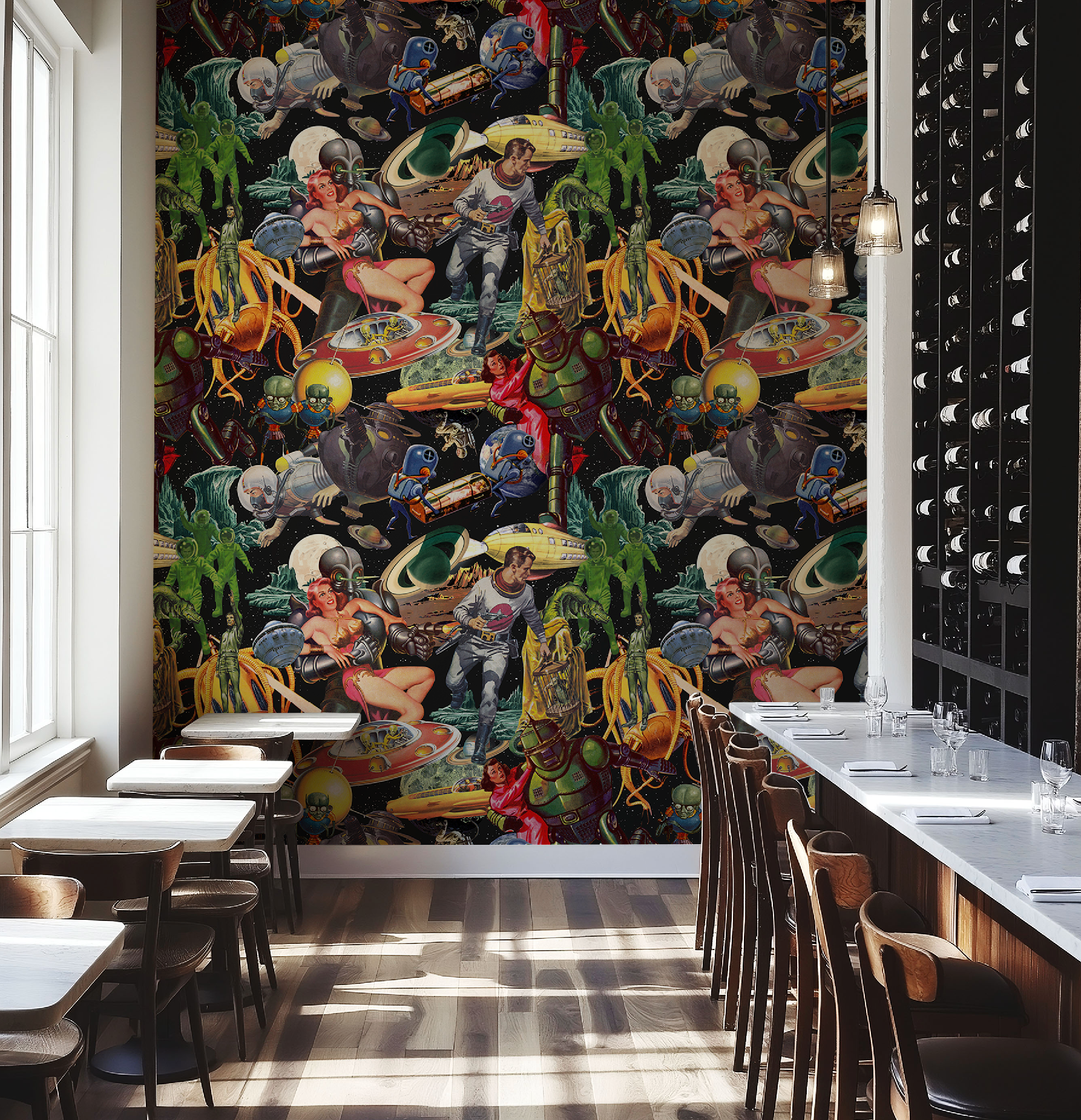Vintage Space-Themed Mid-Century Wallpaper