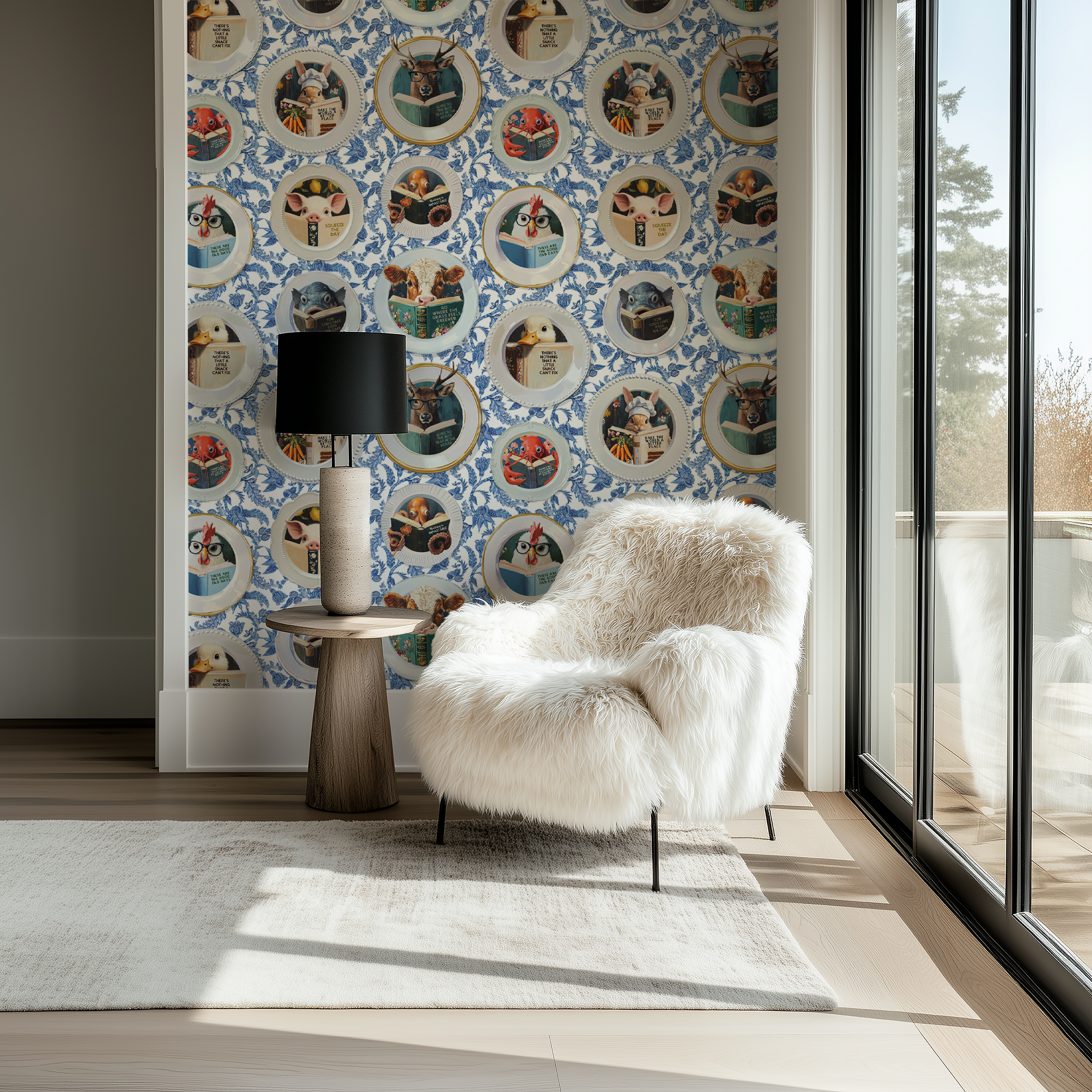 Animals Reading Kitchen Wallpaper - Blue Chintz