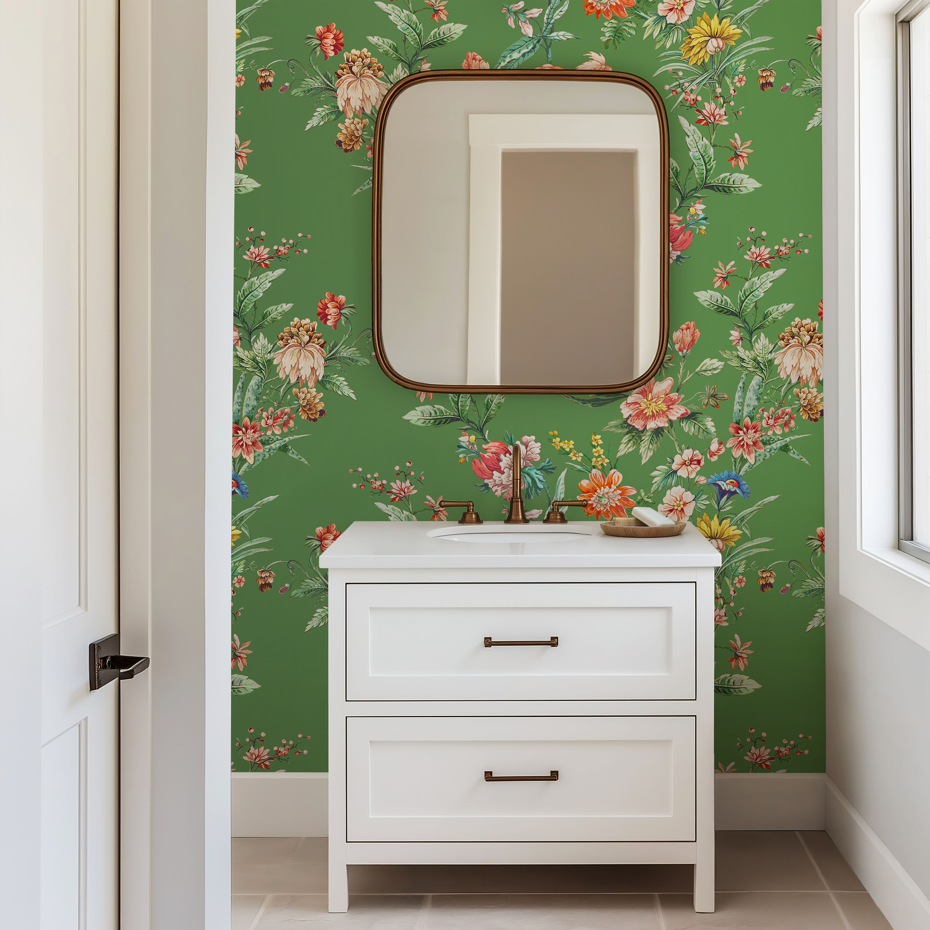 Ornamental Floral Motif Wallpaper - Green