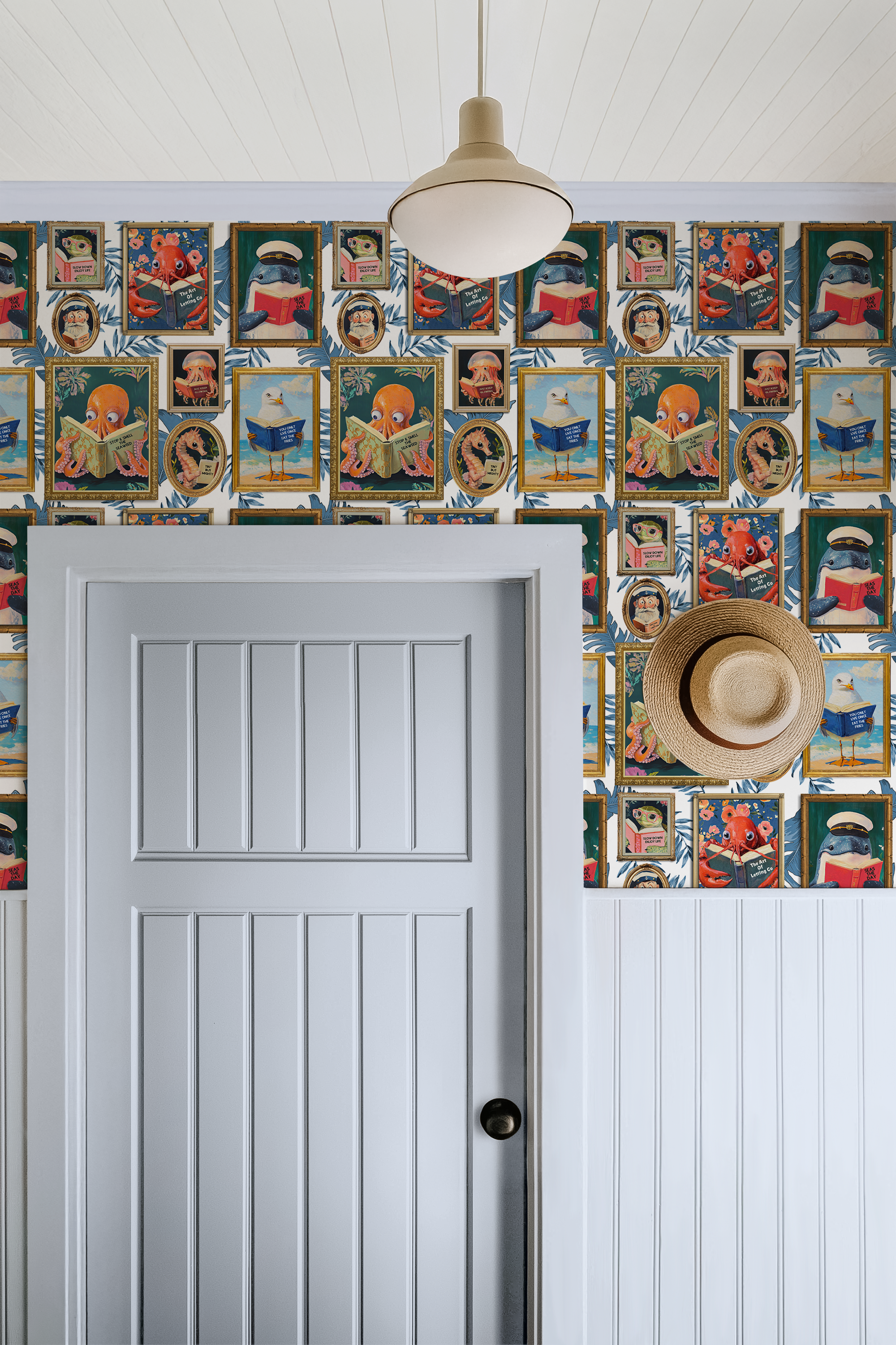 Whimsical Animals Reading Wallpaper - Coastal Beach House Version