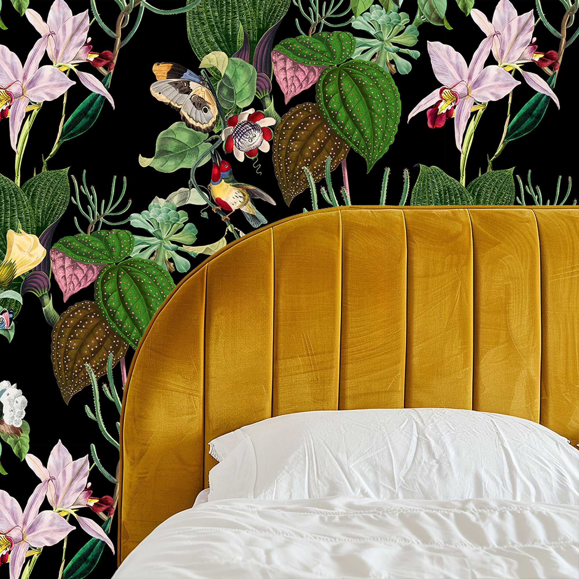 Botanical Birds Wildlife Wallpaper - Black