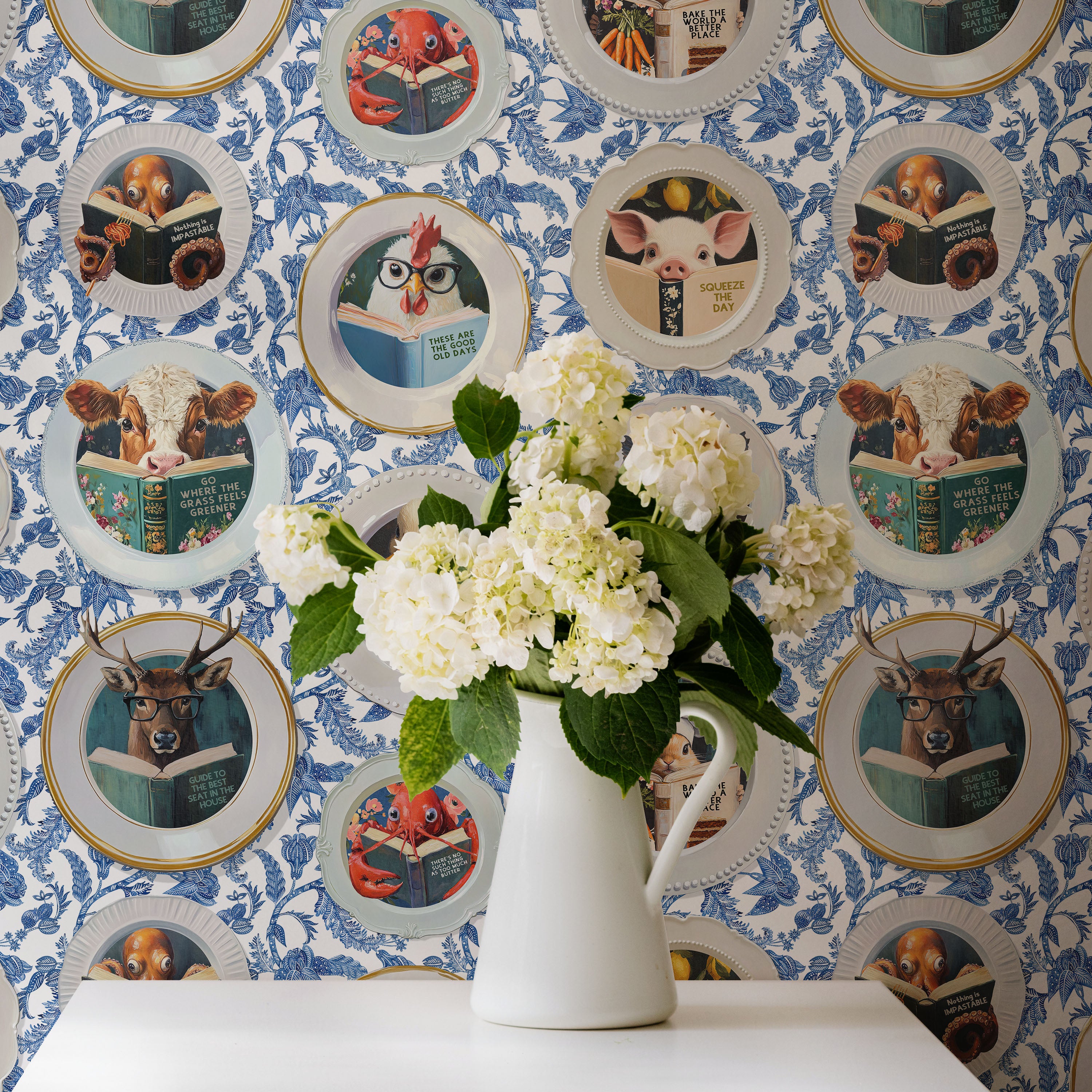 Animals Reading Kitchen Wallpaper - Blue Chintz
