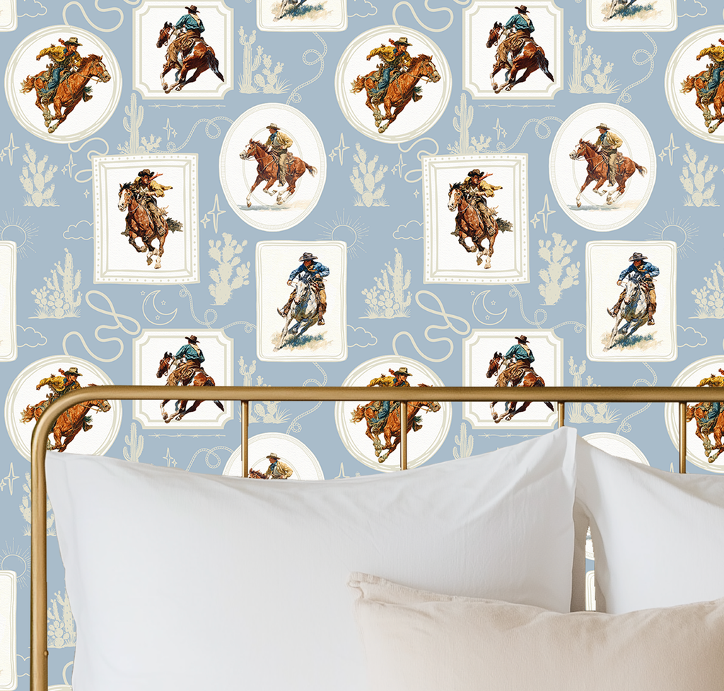 Cowboy Retro Wallpaper Print in Blue