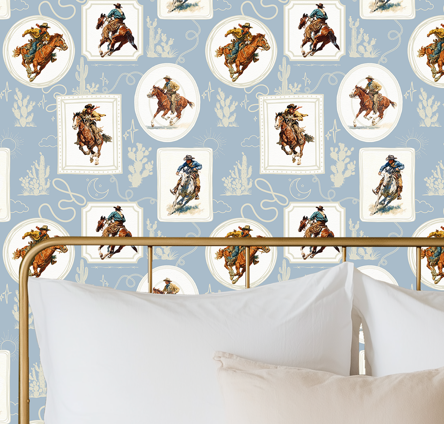 Cowboy Retro Wallpaper Print in Blue