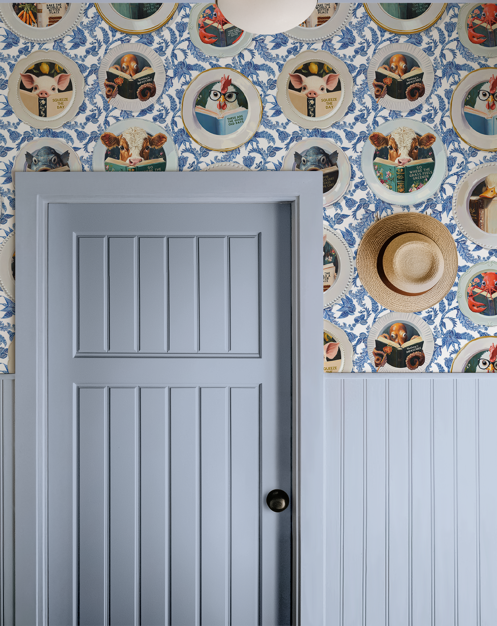 Animals Reading Kitchen Wallpaper - Blue Chintz