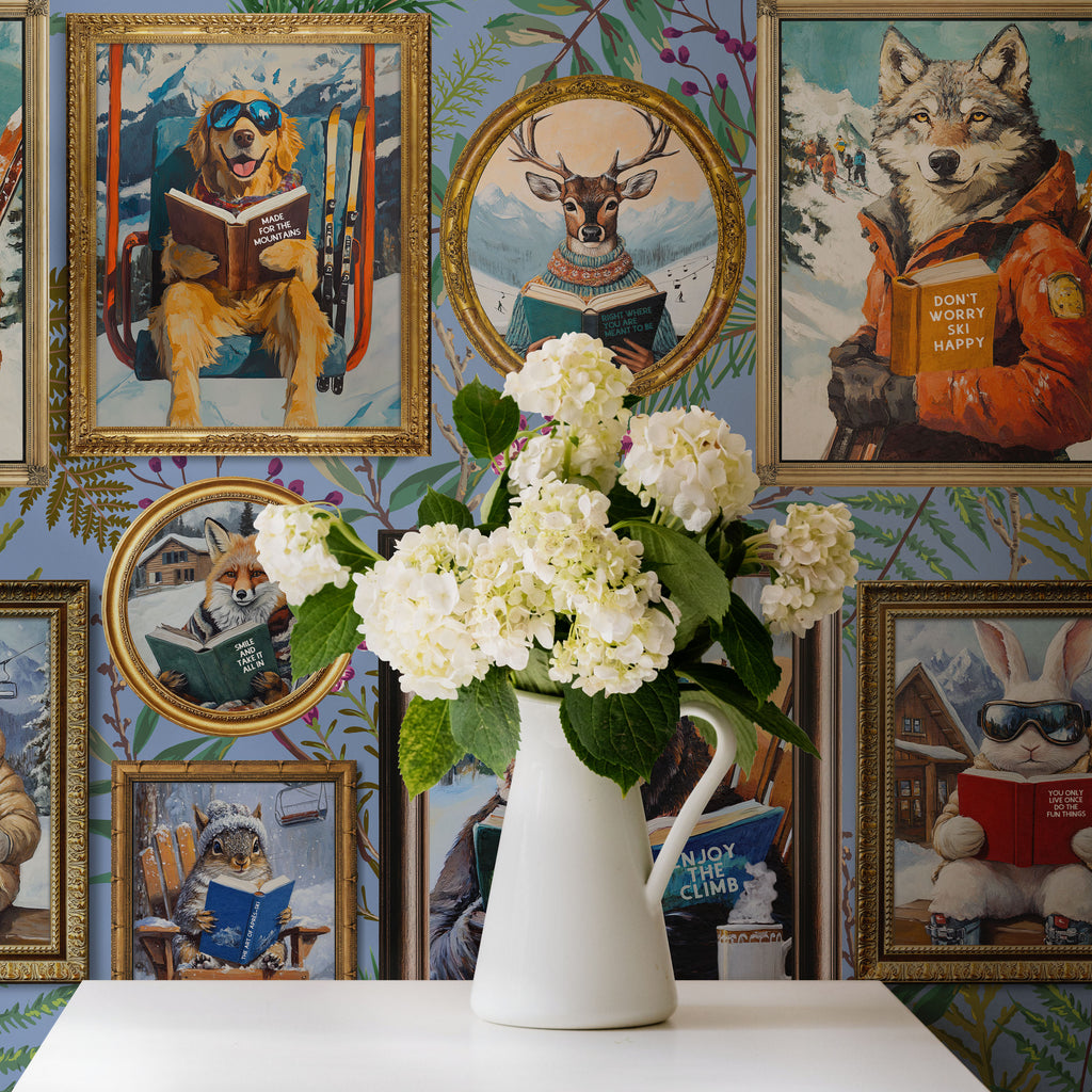 Whimsical Animals Reading Ski Lodge Blue Wallpaper